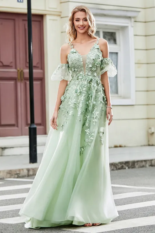 A-Line Spaghetti Straps Corset Appliqued Sage Prom Dress with Detachable Sleeves sold by Wedtrend