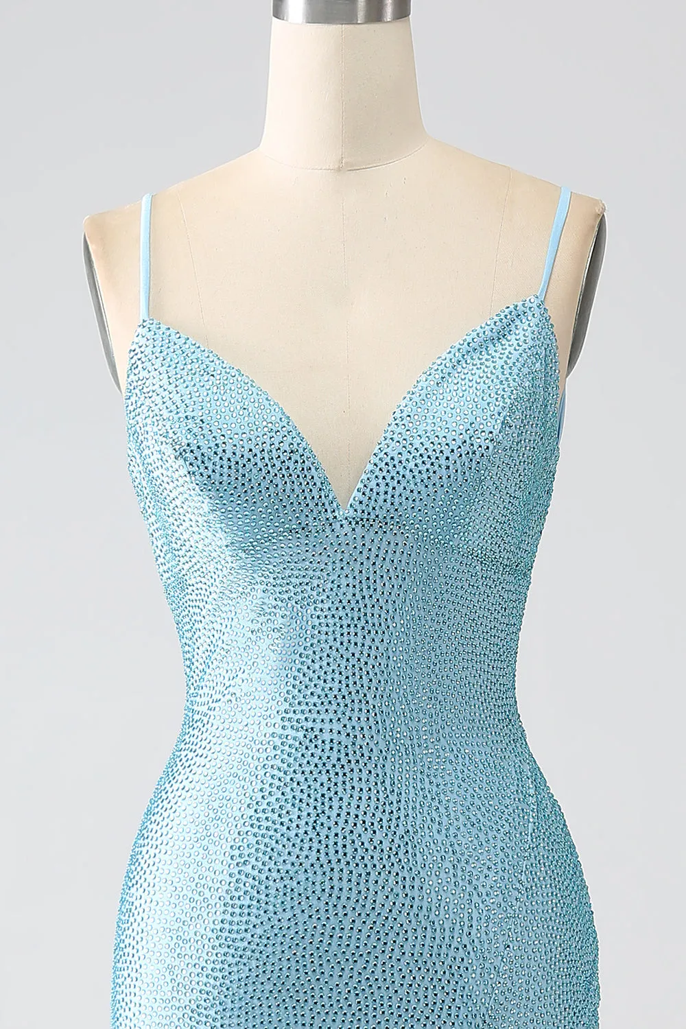 Sparkly Light Blue Mermaid Spaghetti Straps Beaded Long Prom Dress with Slit sold by Wedtrend product image thumbnail 4