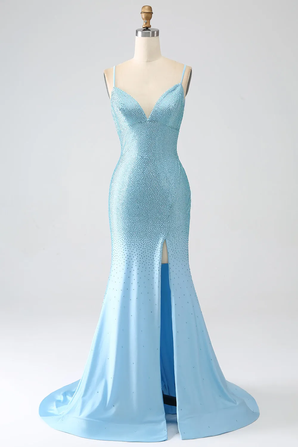 Sparkly Light Blue Mermaid Spaghetti Straps Beaded Long Prom Dress with Slit sold by Wedtrend