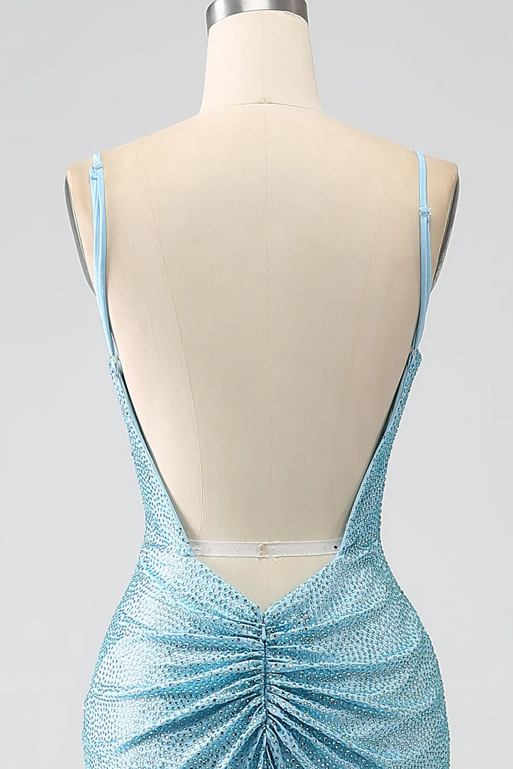 Sparkly Light Blue Mermaid Spaghetti Straps Beaded Long Prom Dress with Slit sold by Wedtrend product image thumbnail 5