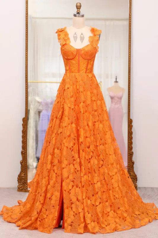 Orange A-Line Hollow Out Appliqued Corset Long Prom Dress With Slit sold by Wedtrend
