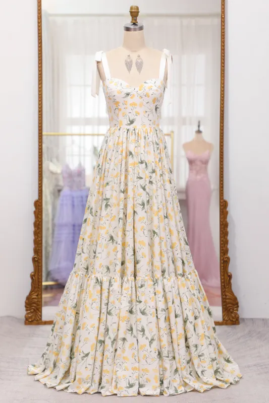 Ivory Flower A-Line Spaghetti Straps Print Pleated Long Prom Dress made by Wedtrend