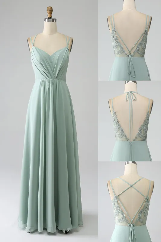 Matcha A-Line Spaghetti Straps Pleated Chiffon Floor Length Bridesmaid Dress sold by Wedtrend