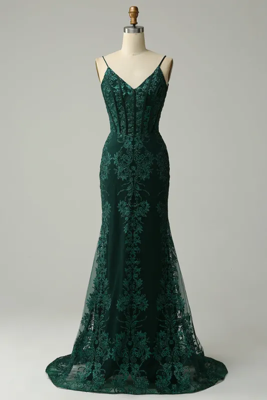 Peacock Green Mermaid Spaghetti Straps Corset Prom Dress with Appliques made by Wedtrend