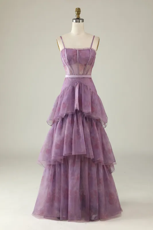 Purple A Line Spaghetti Straps Tiered Printed Corset Long Prom Dress made by Wedtrend