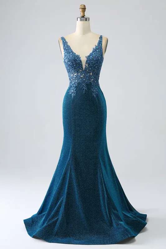 Glitter Dark Blue Mermaid V-Neck Long Prom Dress with Beading made by Wedtrend