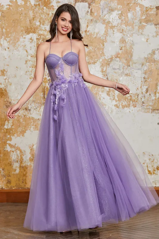Purple A-Line Spaghetti Straps Corset Prom Dress with 3D Flowers made by Wedtrend