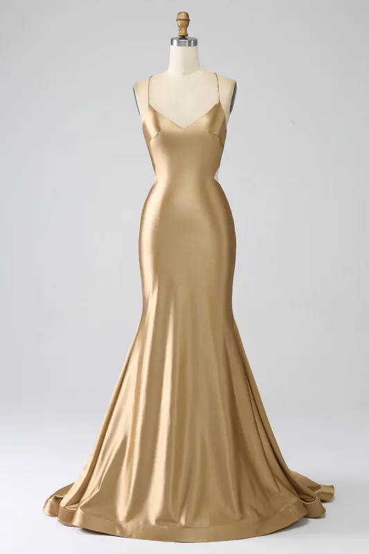 Golden Mermaid Spaghetti Straps Satin Long Prom Dress with Lace-up Back made by Wedtrend