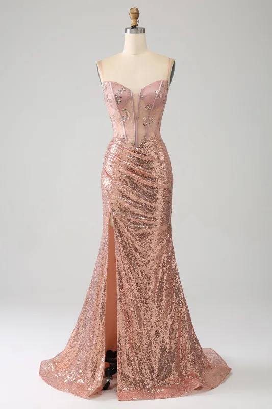 Sparkly Rose Golden Mermaid Beaded Ruched Sequin Corset Long Prom Dress with Slit made by Wedtrend