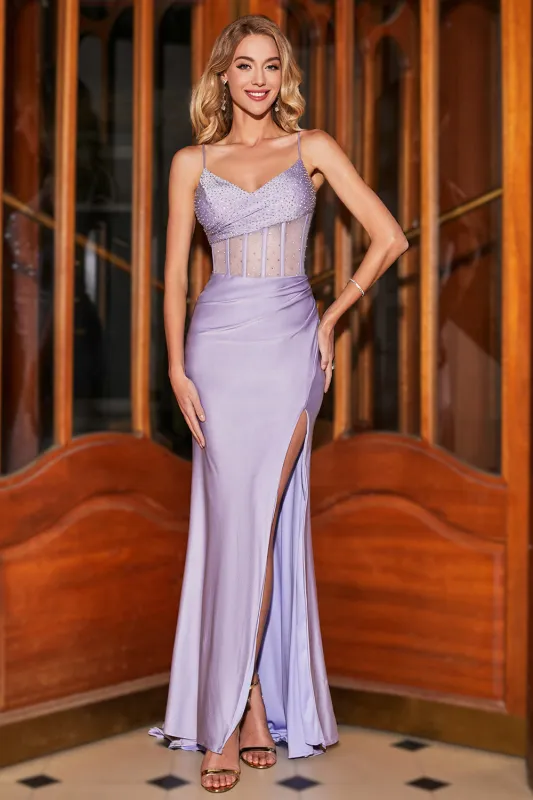 Trendy Mermaid Spaghetti Straps Lilac Corset Prom Dress with Split Front made by Wedtrend