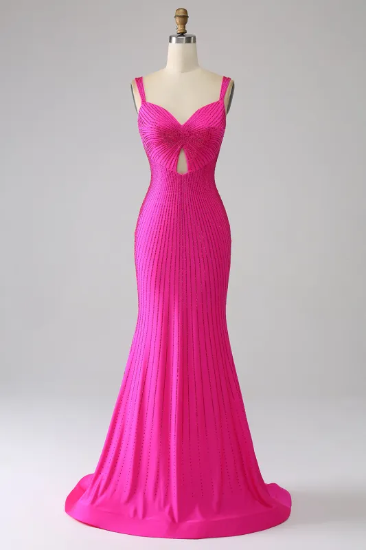 Sparkly Hot Pink Mermaid Spaghetti Straps Hollow-Out Long Prom Dress sold by Wedtrend