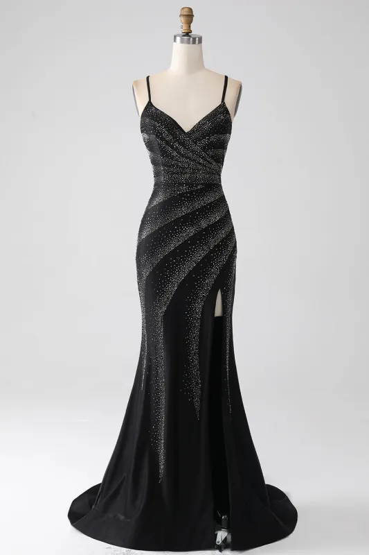 Sparkly Black Mermaid Spaghetti Straps Beaded Prom Dress with Slit made by Wedtrend