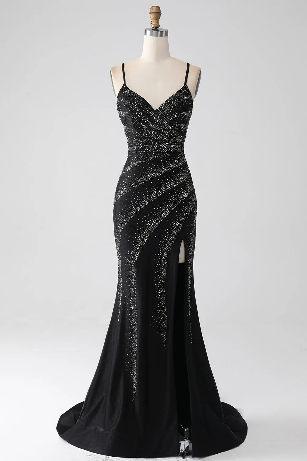 Sparkly Black Mermaid Spaghetti Straps Beaded Prom Dress with Slit sold by Wedtrend