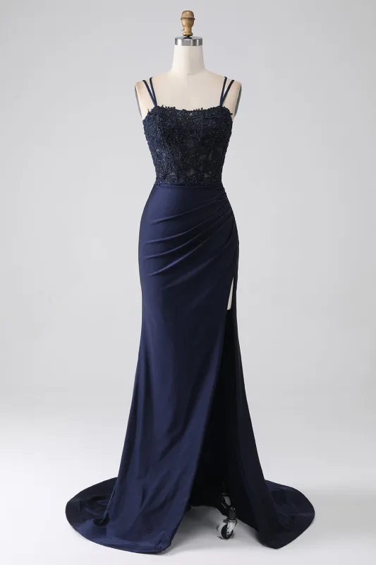 Navy Mermaid Spaghetti Straps Beaded Long Prom Dress with Slit made by Wedtrend