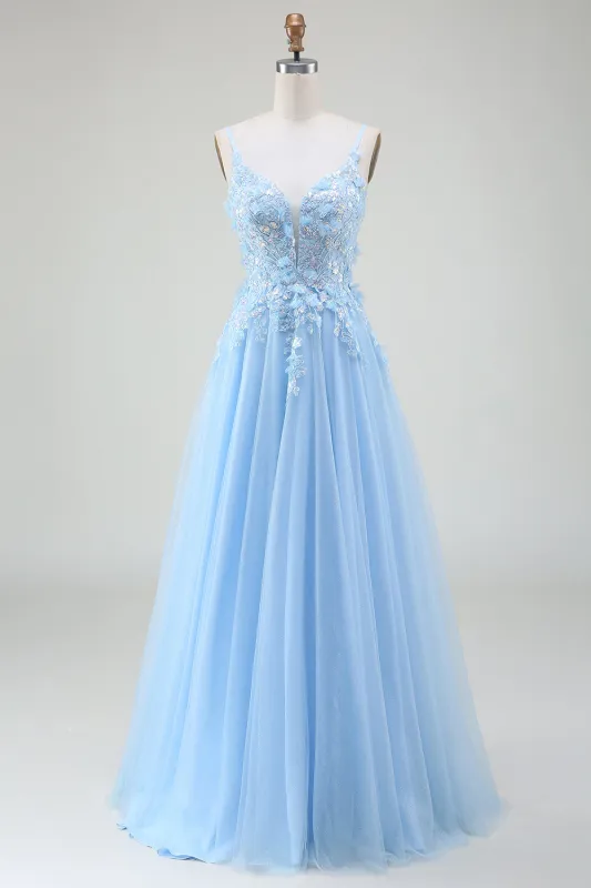 Light Blue A-Line Spaghetti Straps Long Prom Dress with Appliques sold by Wedtrend