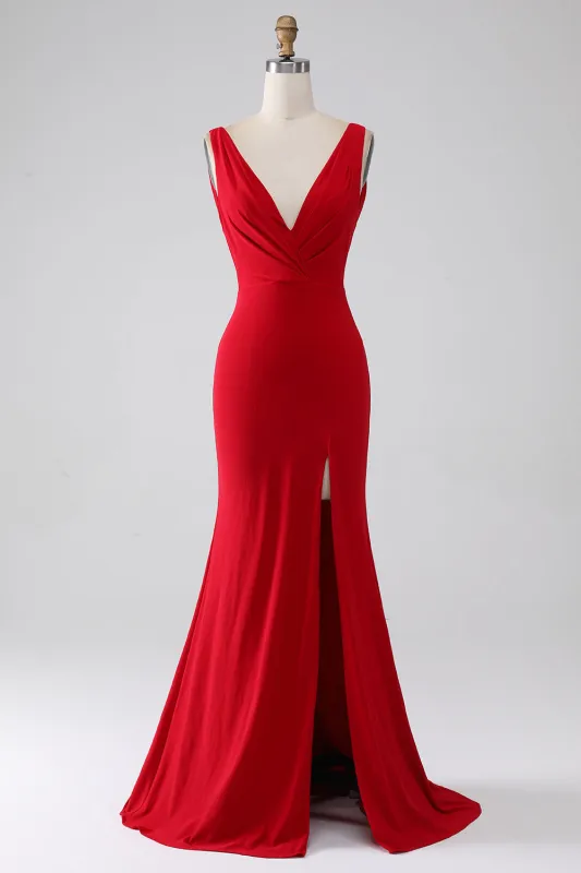 Red Mermaid V-Neck Long Backless Prom Dress with Slit made by Wedtrend