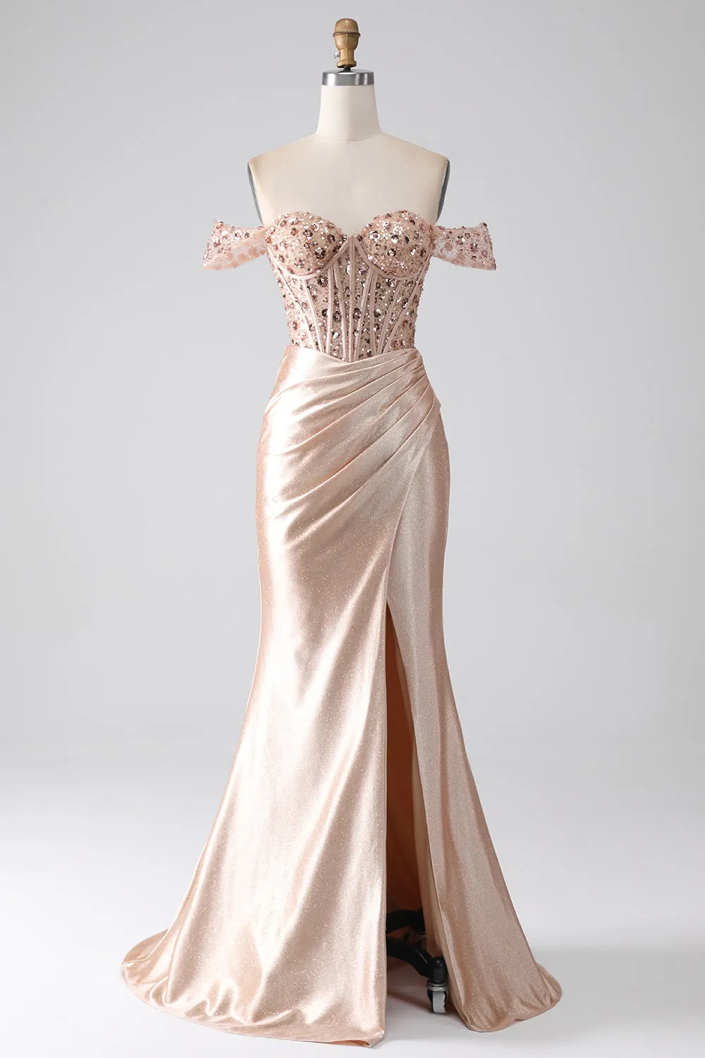 Champagne Mermaid Off The Shoulder Sequins Corset Prom Dress With Slit sold by Wedtrend