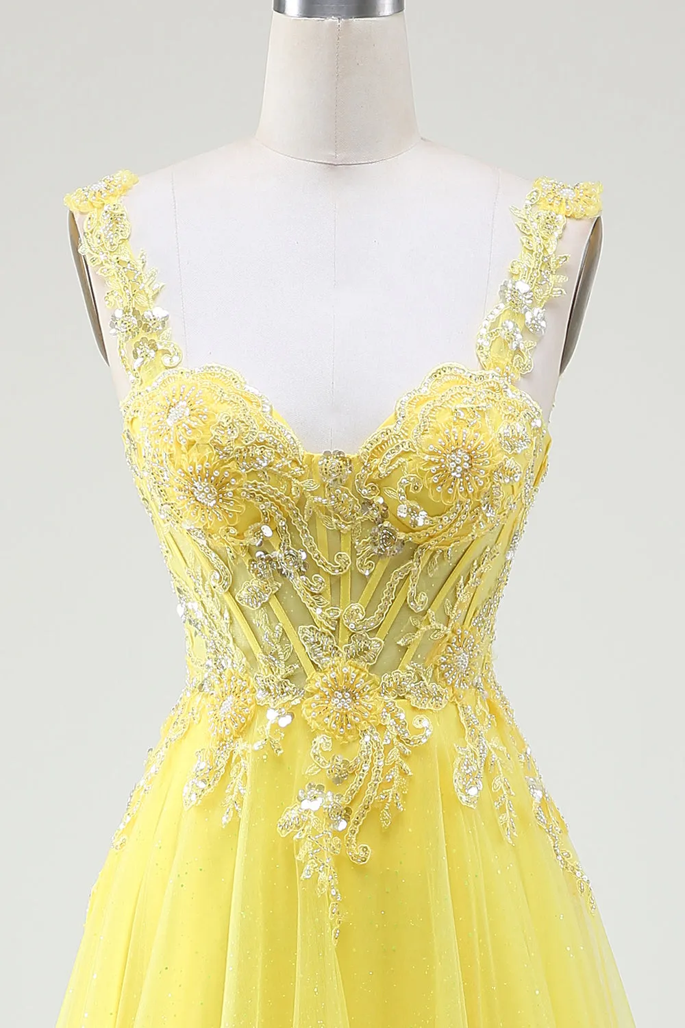 Yellow A-Line Tulle Sparkly Beaded Corset Prom Dress with Slit sold by Wedtrend product image thumbnail 3