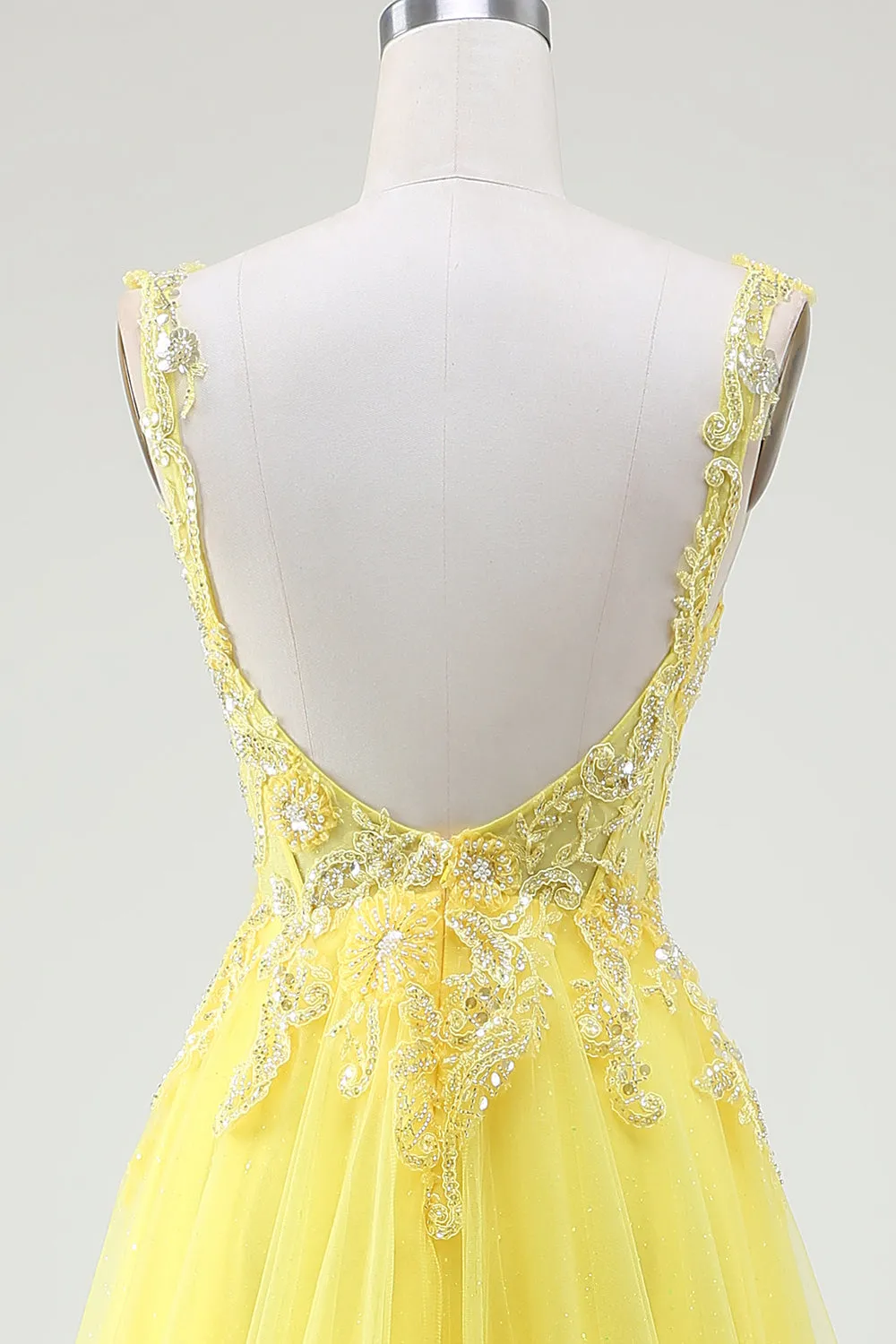 Yellow A-Line Tulle Sparkly Beaded Corset Prom Dress with Slit sold by Wedtrend product image thumbnail 4