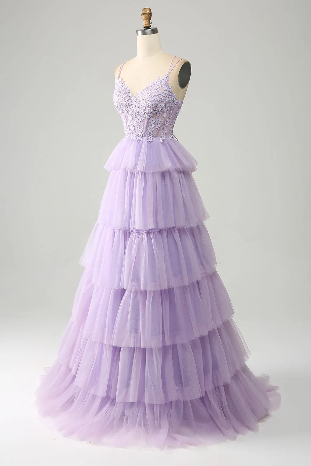 Lilac Princess Spaghetti Straps Tiered Corset Tulle Prom Dress with Appliques sold by Wedtrend product image thumbnail 3