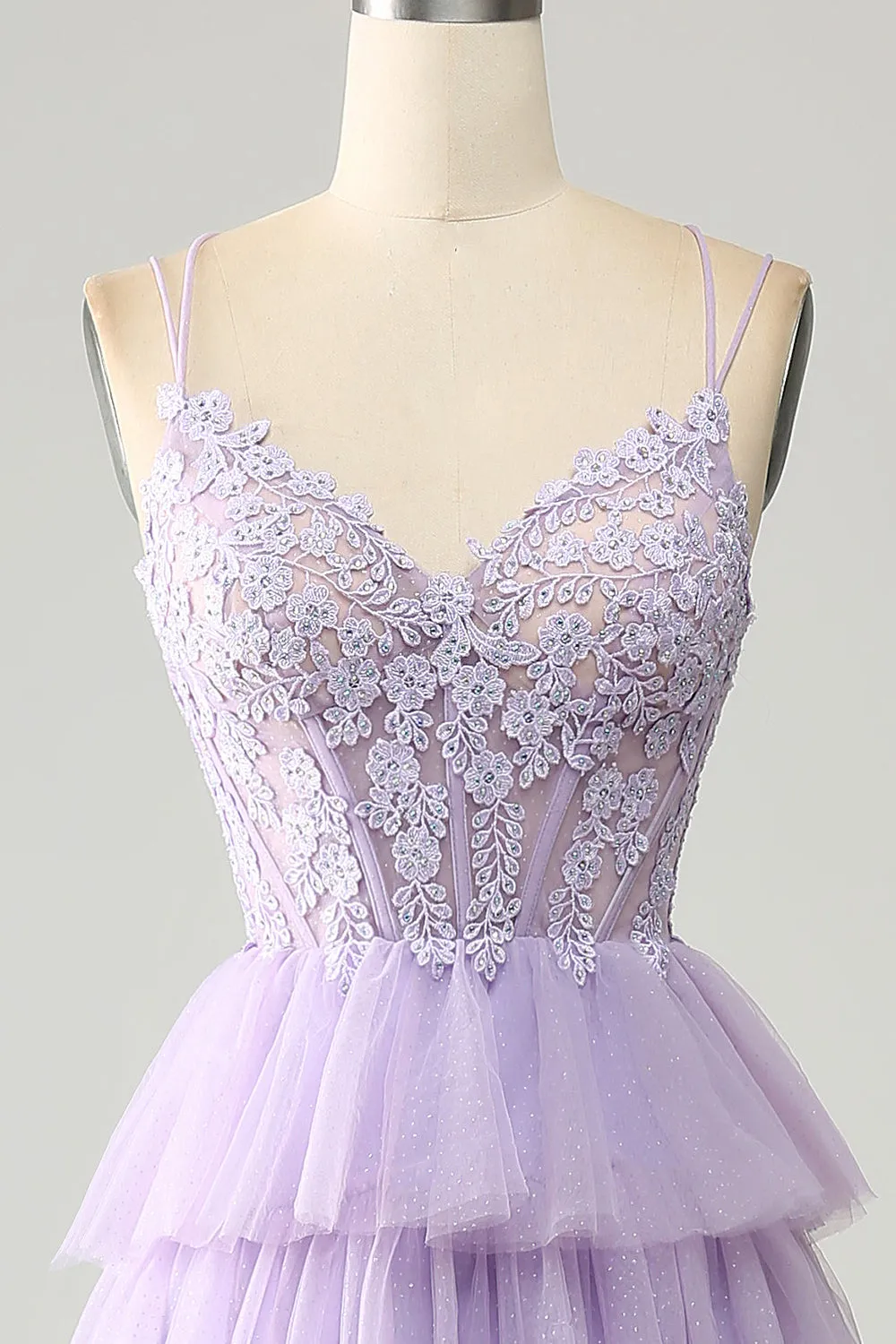 Lilac Princess Spaghetti Straps Tiered Corset Tulle Prom Dress with Appliques sold by Wedtrend product image thumbnail 4
