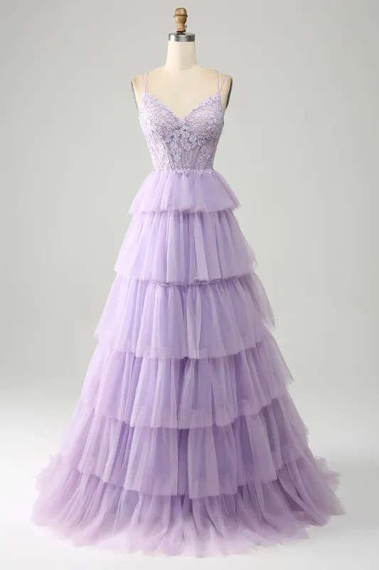 Lilac Princess Spaghetti Straps Tiered Corset Tulle Prom Dress with Appliques made by Wedtrend