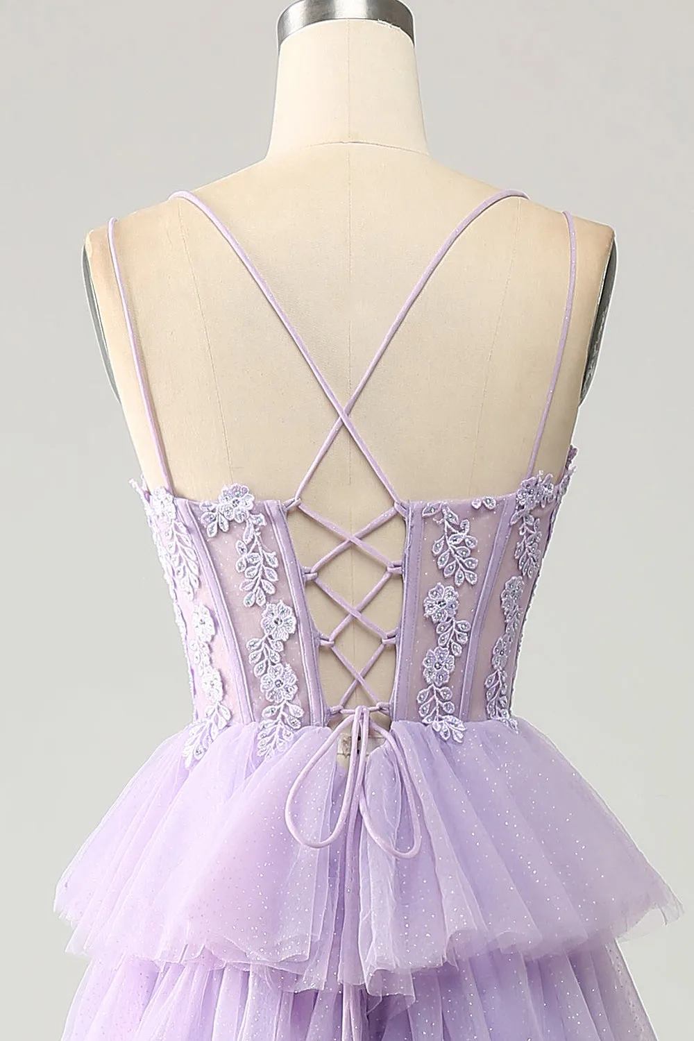 Lilac Princess Spaghetti Straps Tiered Corset Tulle Prom Dress with Appliques sold by Wedtrend product image thumbnail 5