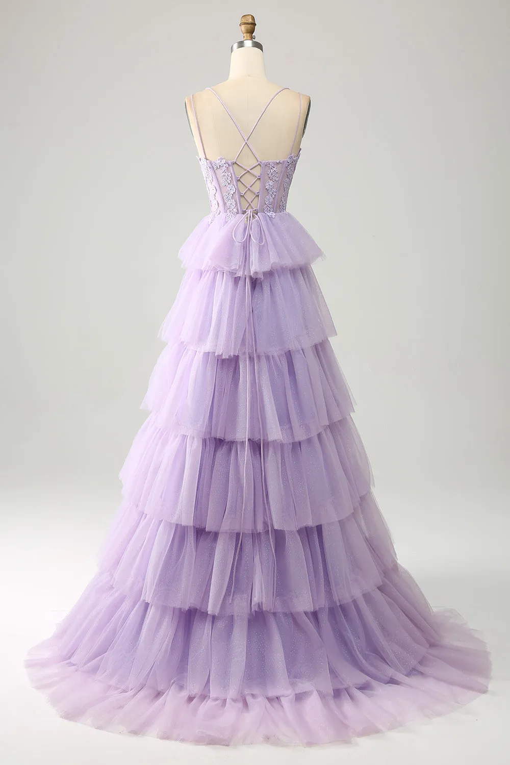 Lilac Princess Spaghetti Straps Tiered Corset Tulle Prom Dress with Appliques sold by Wedtrend product image thumbnail 2