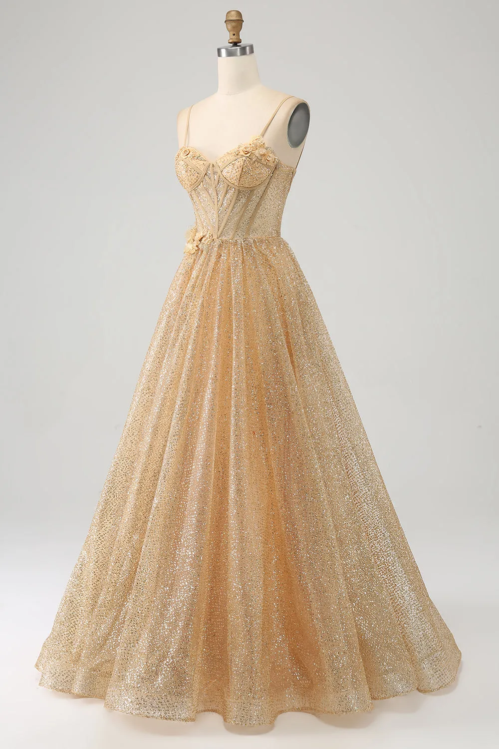 Glitter Golden A-Line Spaghetti Straps Corset Long Prom Dress with Flowers sold by Wedtrend product image thumbnail 3