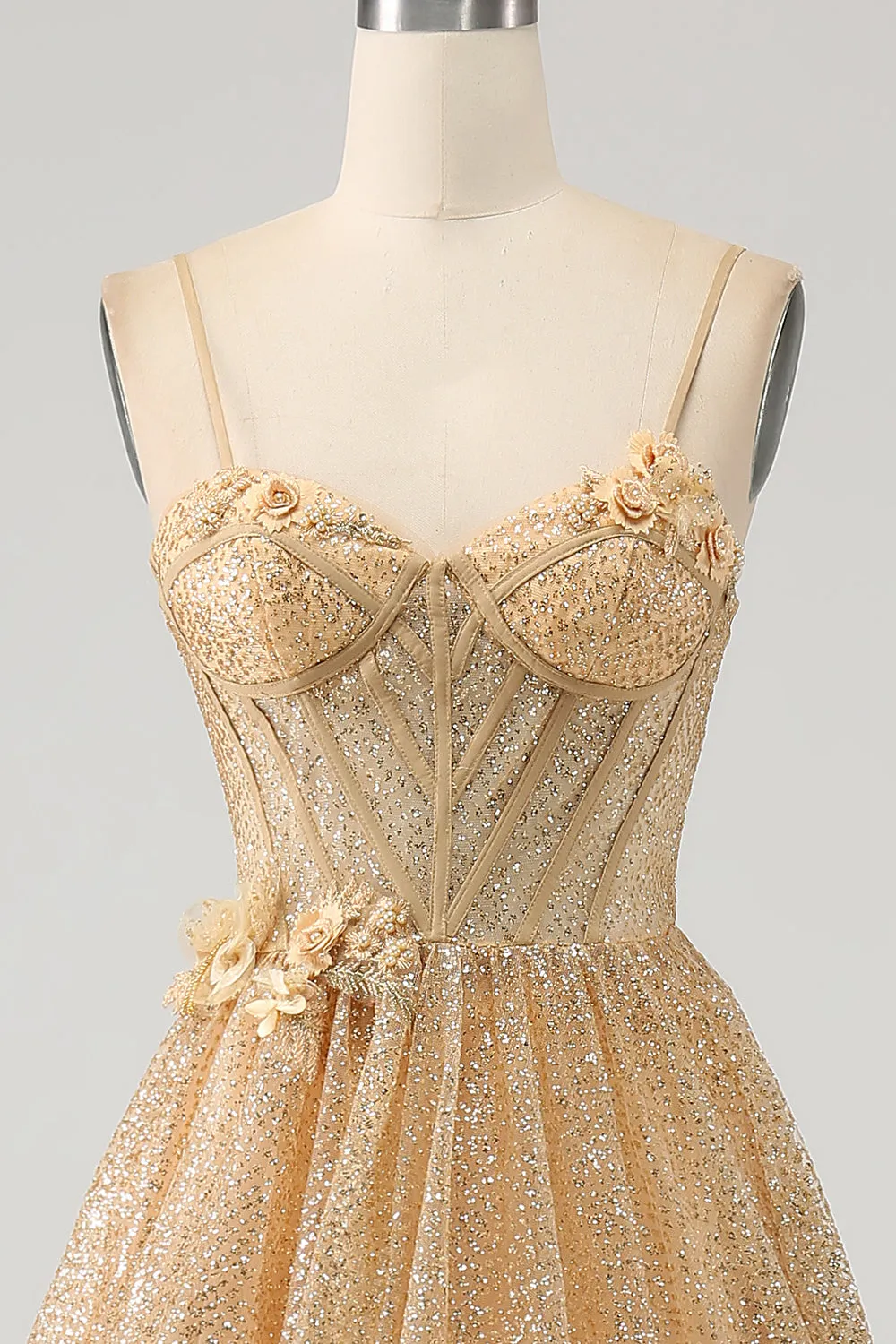 Glitter Golden A-Line Spaghetti Straps Corset Long Prom Dress with Flowers sold by Wedtrend product image thumbnail 4