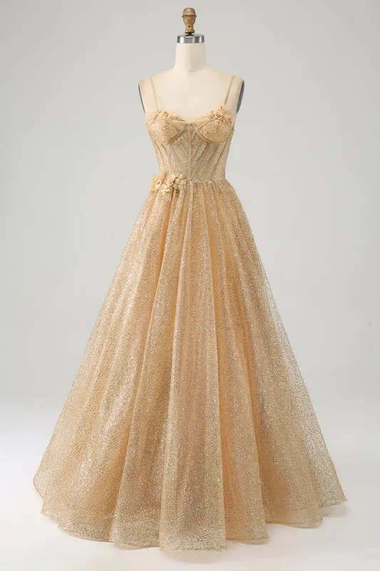 Glitter Golden A-Line Spaghetti Straps Corset Long Prom Dress with Flowers made by Wedtrend