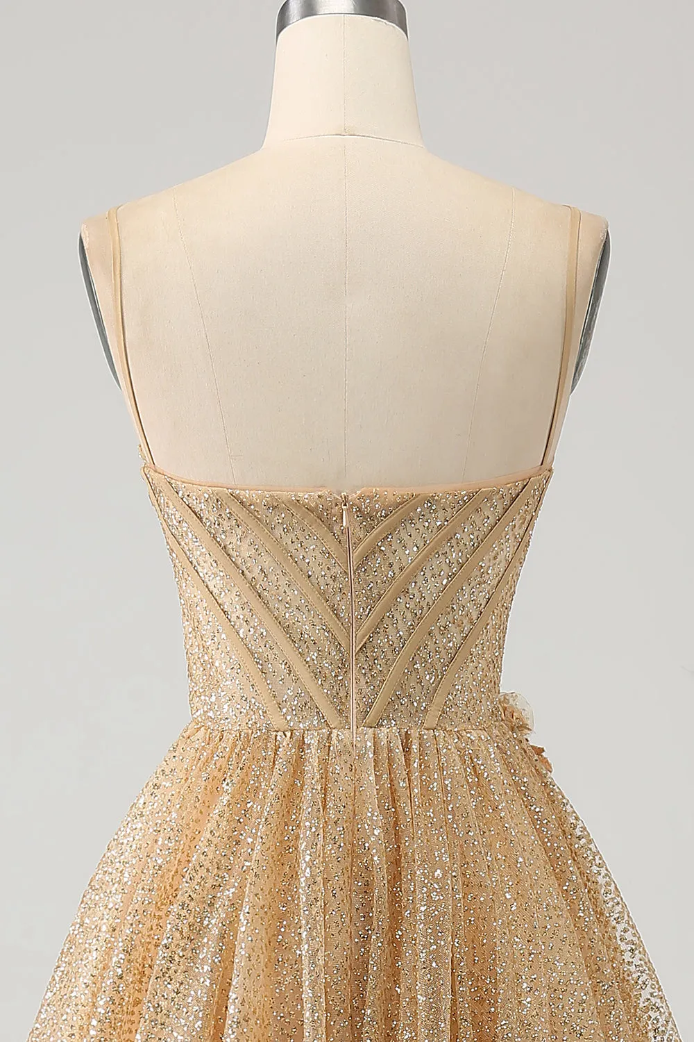 Glitter Golden A-Line Spaghetti Straps Corset Long Prom Dress with Flowers sold by Wedtrend product image thumbnail 5