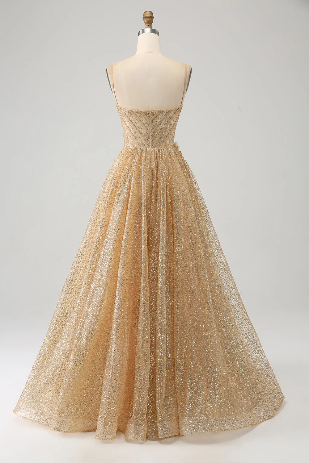 Glitter Golden A-Line Spaghetti Straps Corset Long Prom Dress with Flowers sold by Wedtrend product image thumbnail 2