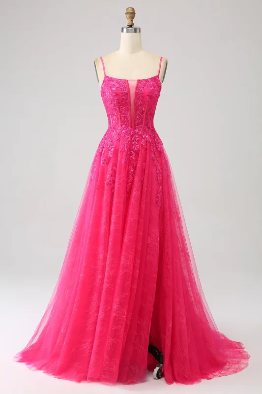 Fuchsia A-Line Spaghetti Straps Corset Lace Long Prom Dress with Slit made by Wedtrend