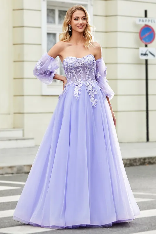 Gorgeous Lavender A Line Off the Shoulder Corset Prom Dress with Appliques made by Wedtrend