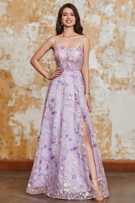 Gorgeous A Line Spaghetti Straps Light Purple Long Prom Dress with Appliques sold by Wedtrend