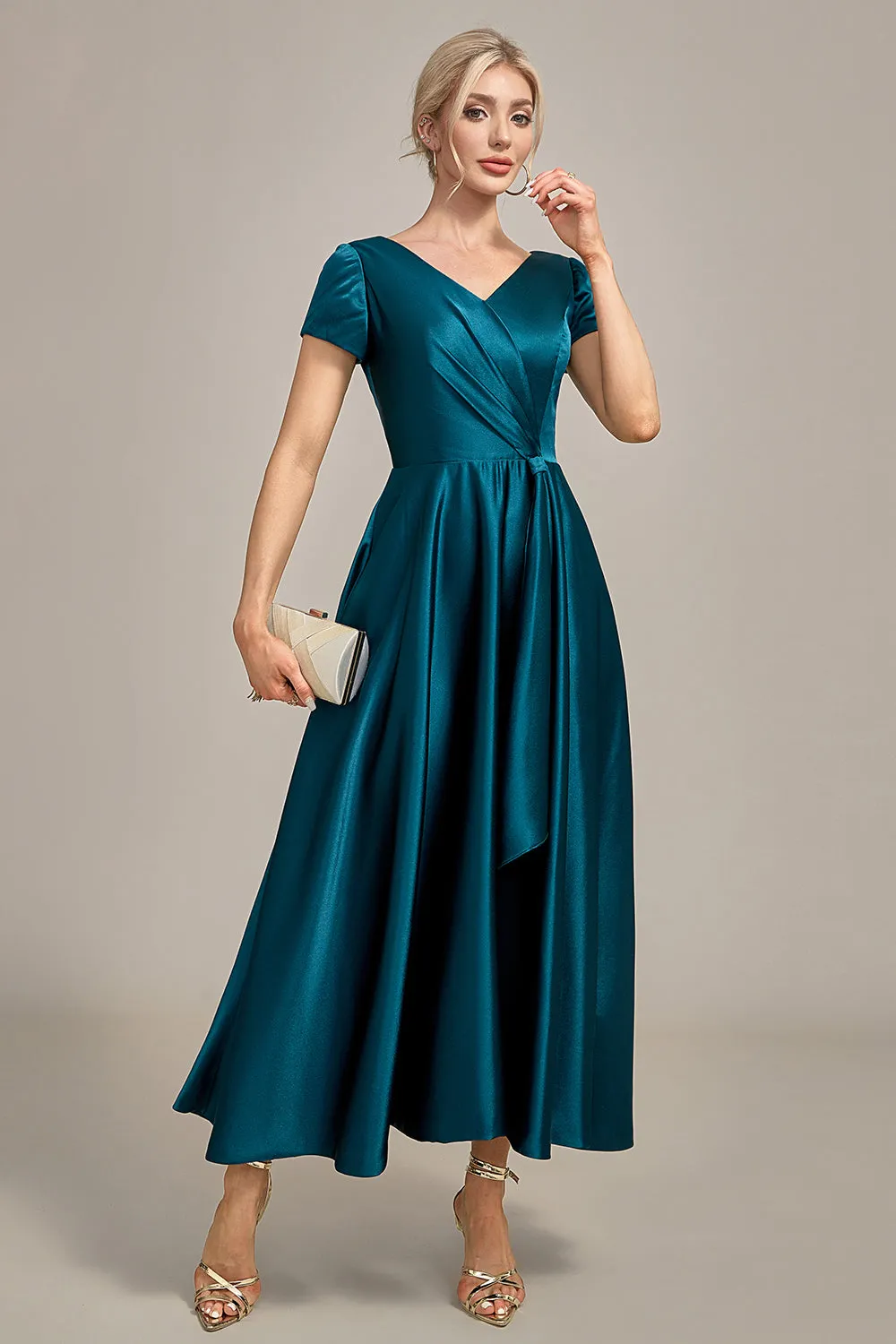 Peacock Green V-Neck A-Line Pleated Satin Mother of the Bride Dress sold by Wedtrend product image thumbnail 5