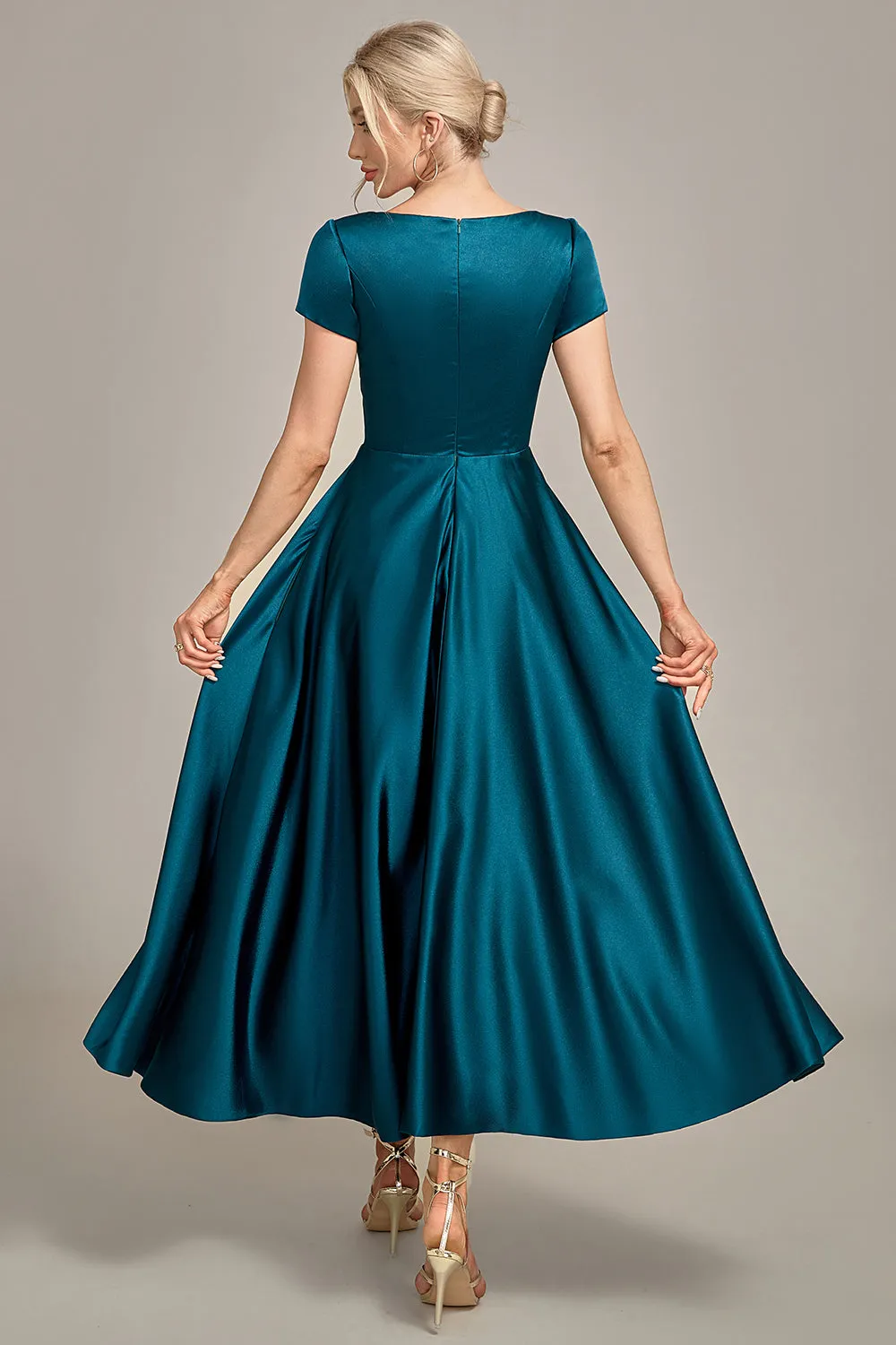 Peacock Green V-Neck A-Line Pleated Satin Mother of the Bride Dress sold by Wedtrend product image thumbnail 2