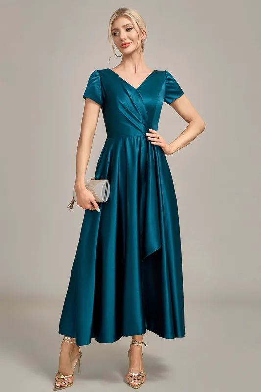 Peacock Green V-Neck A-Line Pleated Satin Mother of the Bride Dress sold by Wedtrend