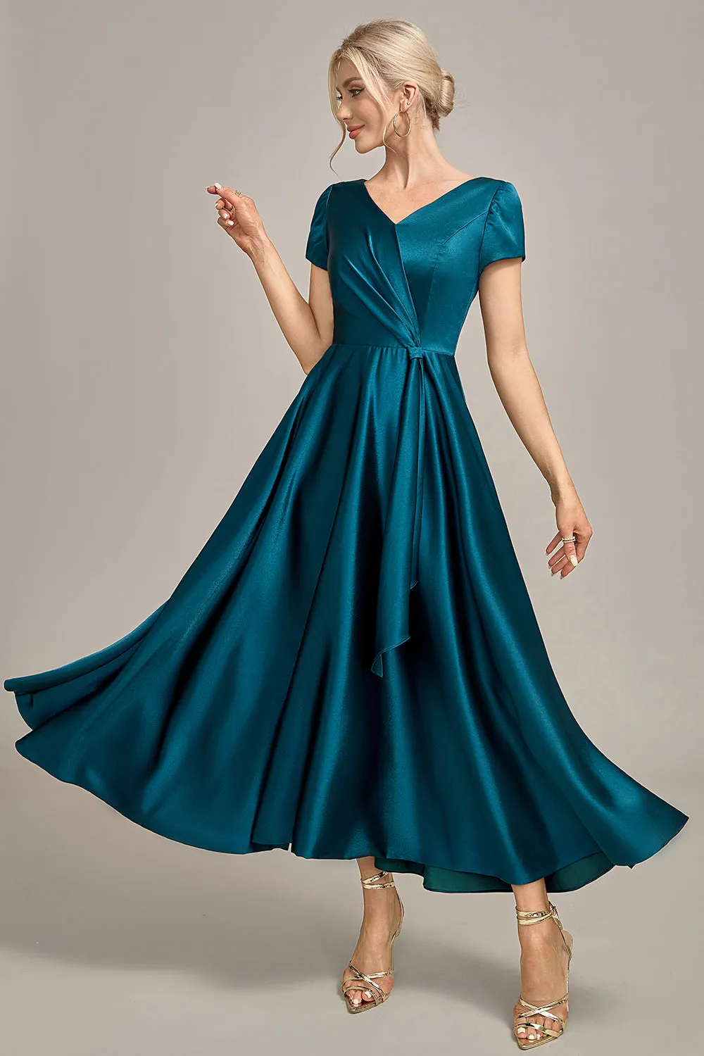 Peacock Green V-Neck A-Line Pleated Satin Mother of the Bride Dress sold by Wedtrend product image thumbnail 4