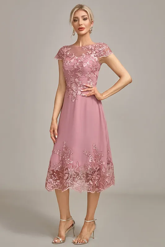 Dusty Rose A-Line Tea-Length Mother of the Bride Dress With Sequins sold by Wedtrend