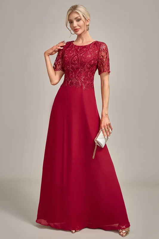 Burgundy A Line Round Neck Sequin Mother of Bride Dress With Appliques sold by Wedtrend