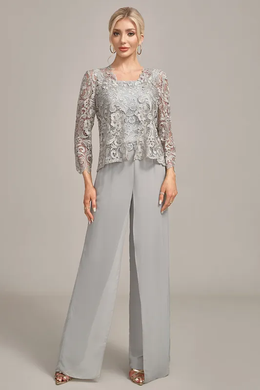 Silver Chiffon Pant and Lace Top Mother of The Bride Wide Pant Suits sold by Wedtrend