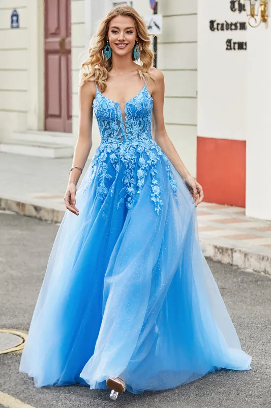 Gorgeous Blue A Line Spaghetti Straps Long Prom Dress with Appliques sold by Wedtrend
