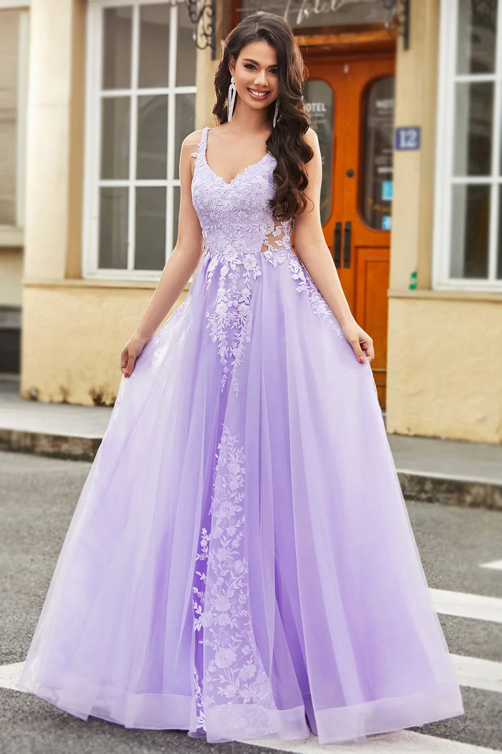 Gorgeous Lilac A Line Spaghetti Straps Tulle Long Prom Dress with Appliques sold by Wedtrend product image thumbnail 5