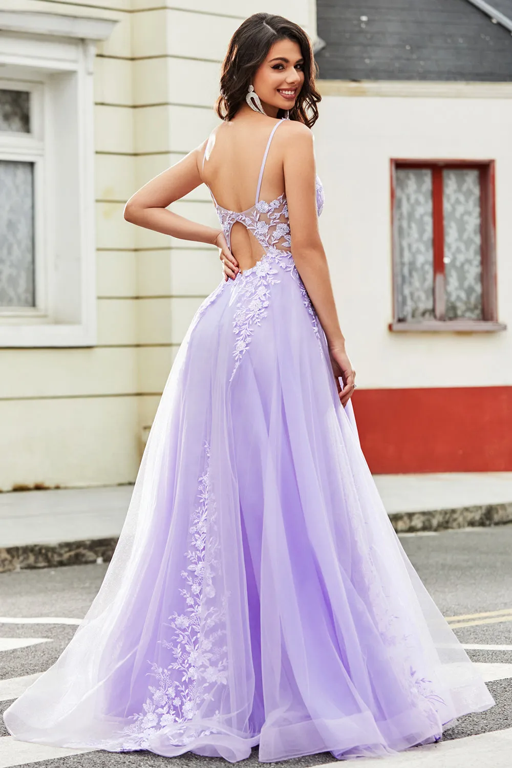 Gorgeous Lilac A Line Spaghetti Straps Tulle Long Prom Dress with Appliques sold by Wedtrend product image thumbnail 2