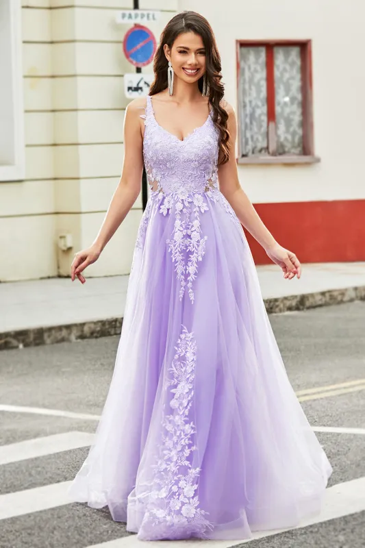 Gorgeous Lilac A Line Spaghetti Straps Tulle Long Prom Dress with Appliques sold by Wedtrend