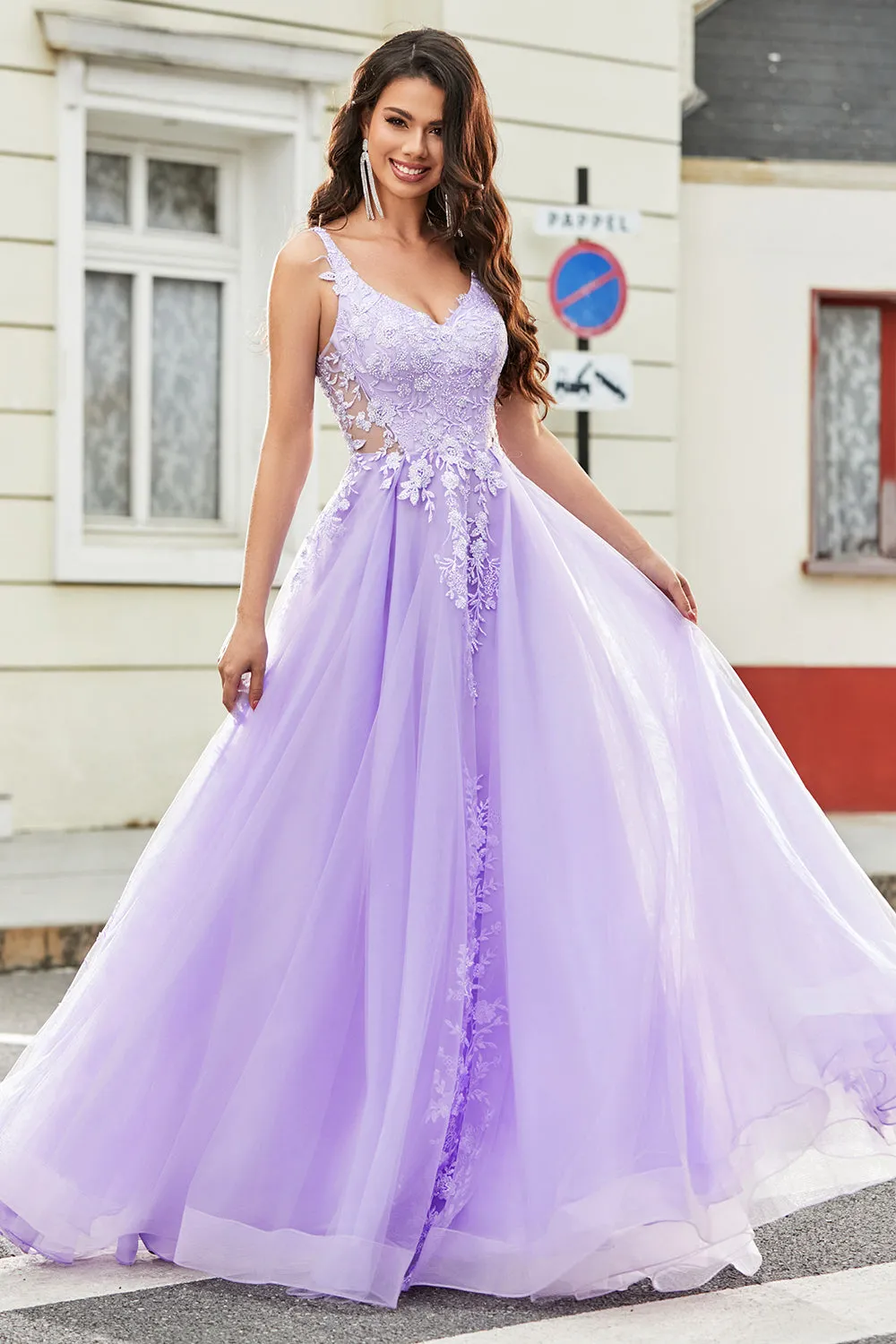 Gorgeous Lilac A Line Spaghetti Straps Tulle Long Prom Dress with Appliques sold by Wedtrend product image thumbnail 3