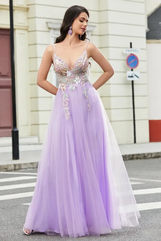Gorgeous A Line Spaghetti Straps Lilac Long Prom Dress with Appliques made by Wedtrend