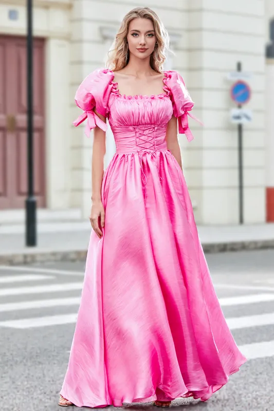 Princess A Line Square Neck Hot Pink Long Prom Dress with Puff Sleeves sold by Wedtrend